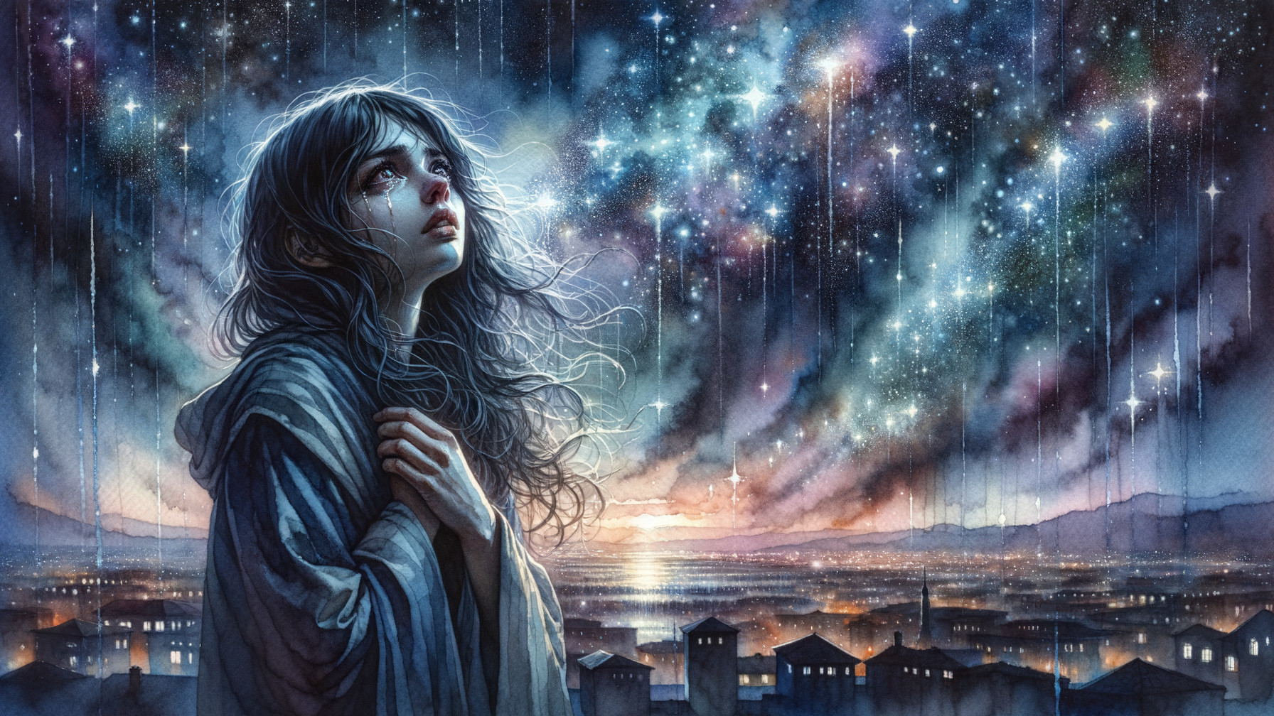 Young woman on rooftop under starry night sky