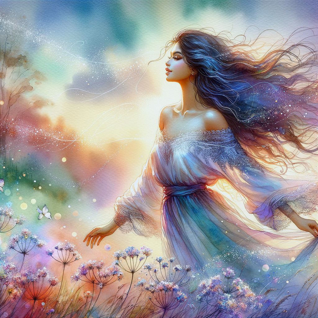 Ethereal Woman in Flower Field with Pastel Colors