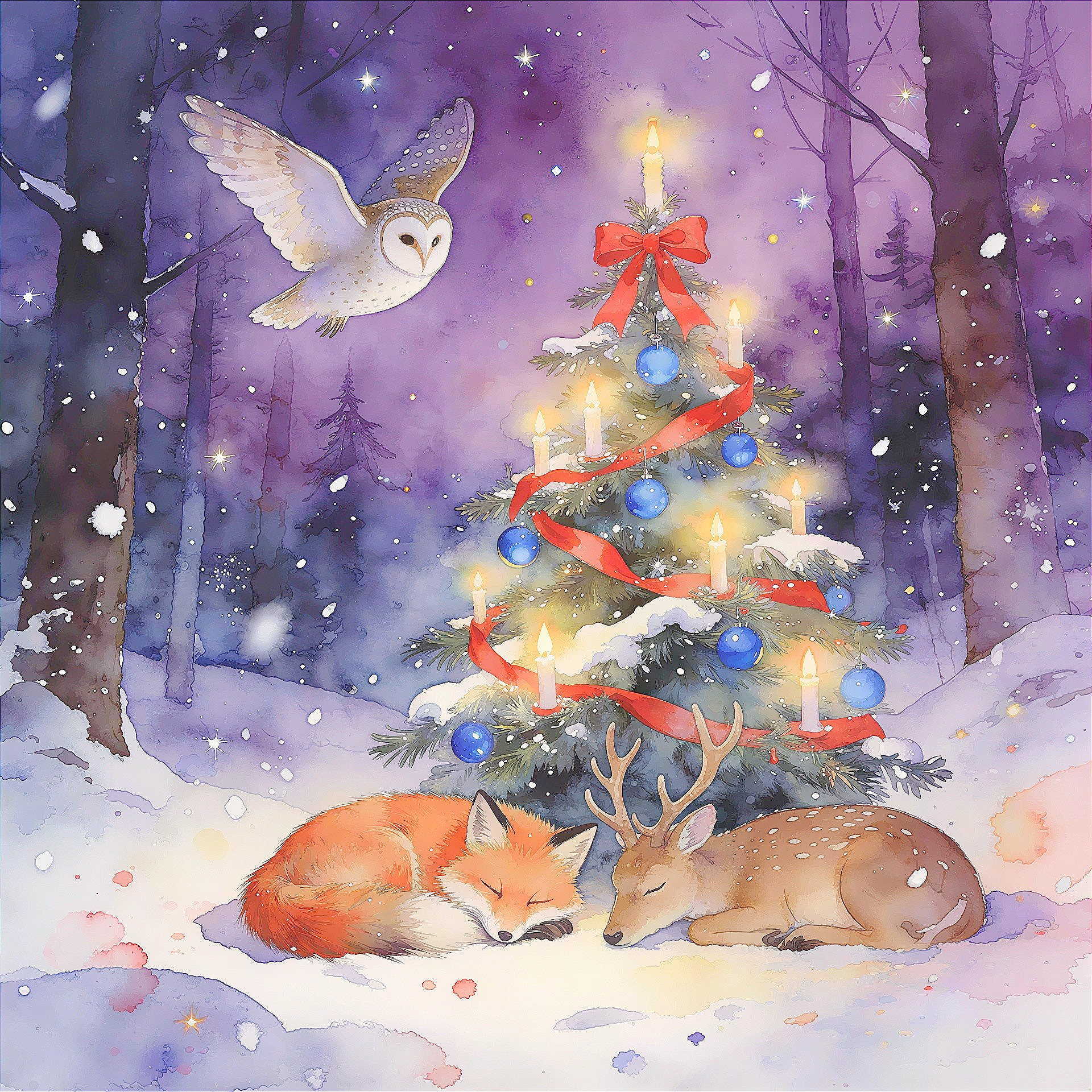 Winter Forest Night Scene with Christmas Tree and Wildlife