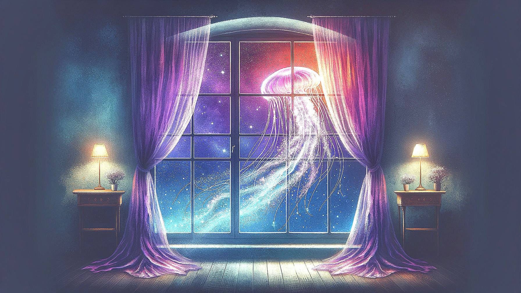 Cosmic Landscape with Jellyfish and Flowing Curtains