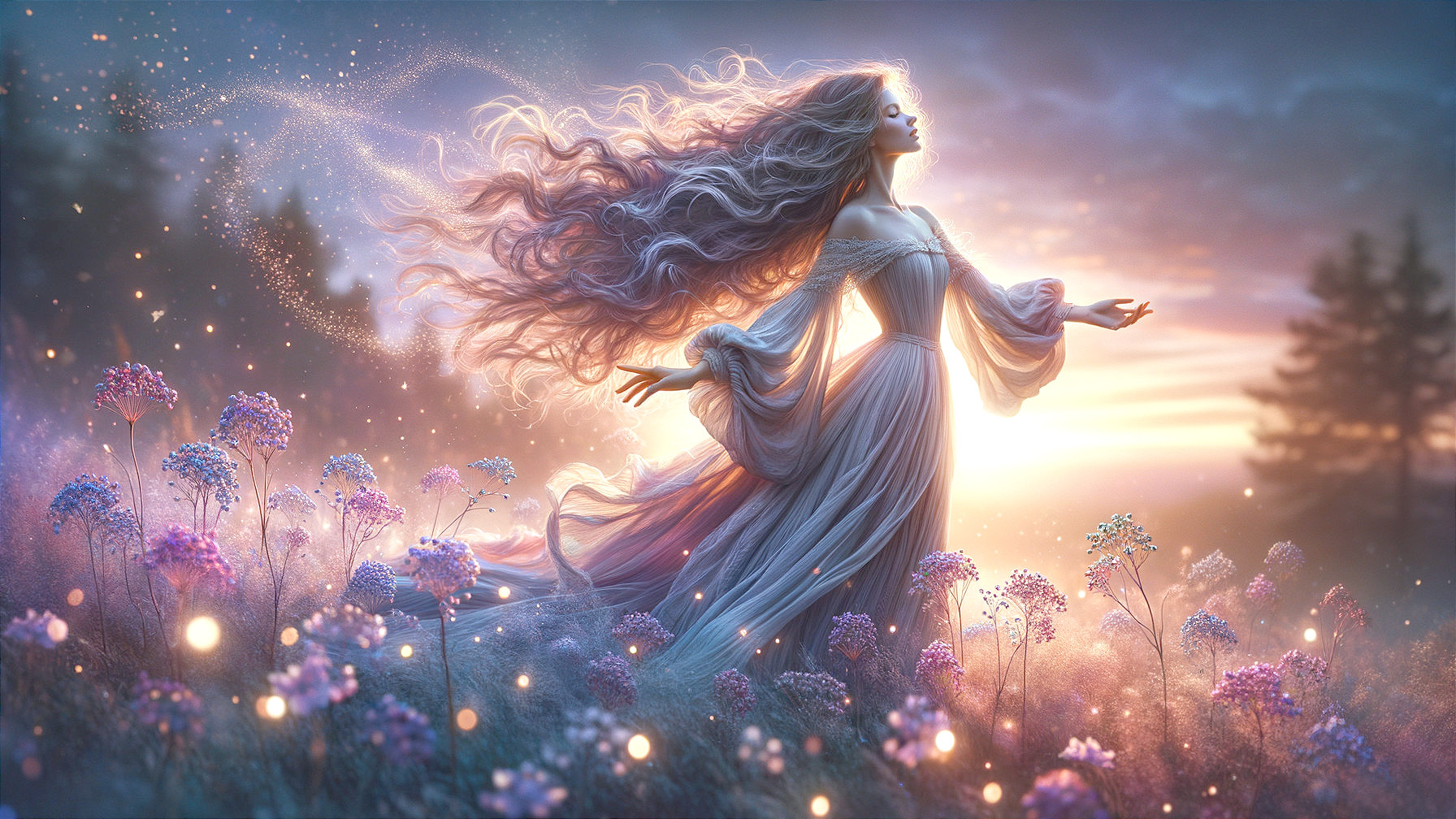 Serene figure in a field of colorful wildflowers