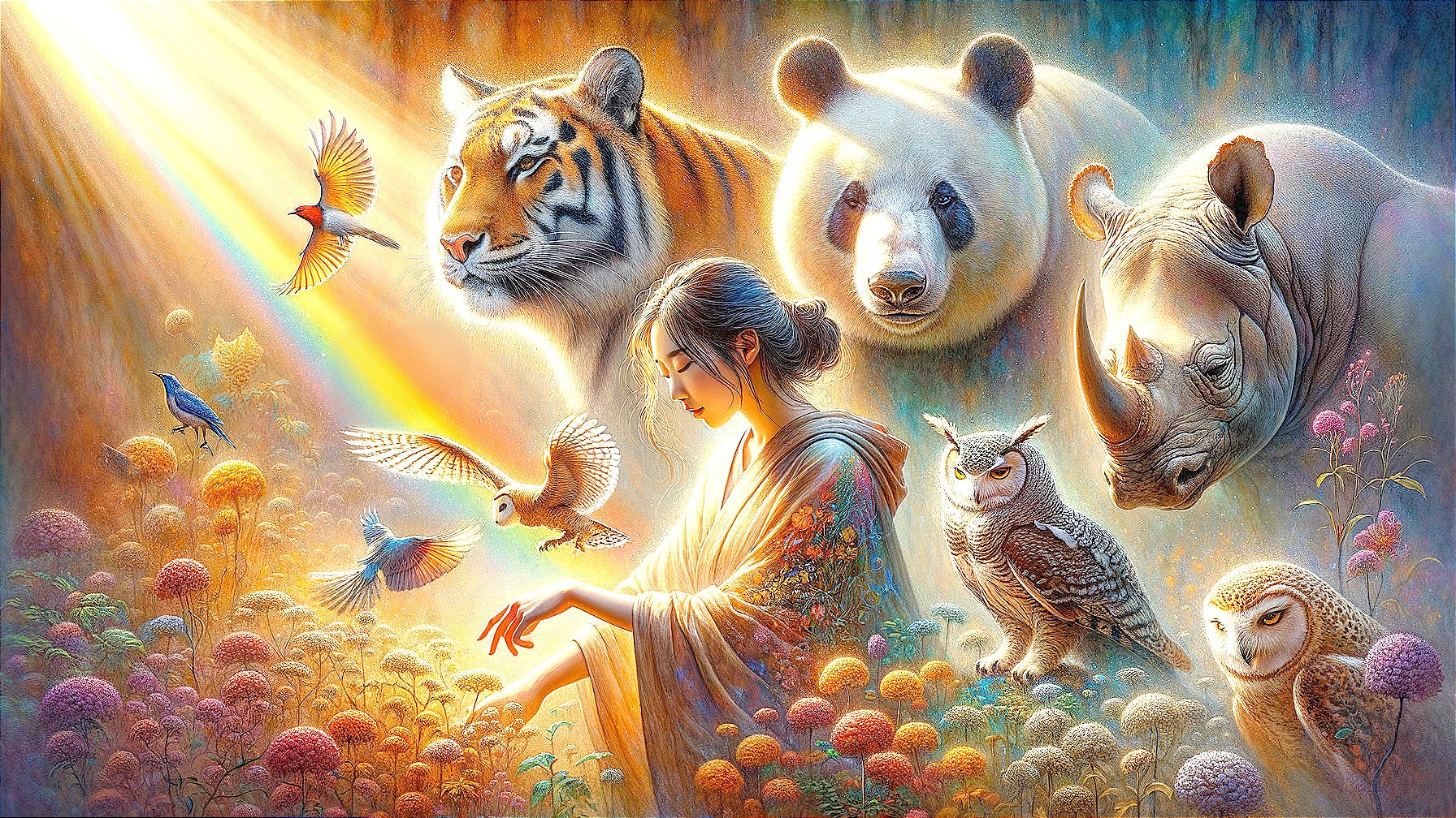 Digital painting of a woman surrounded by animals and flowers