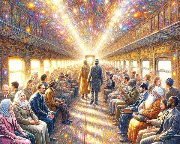 Vibrant Train Interior with Diverse Passengers and Glow