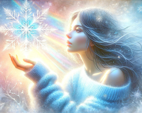 Ethereal Woman with Snowflakes and Icy Hair