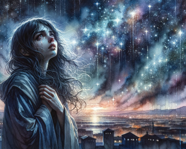 Young woman on rooftop under starry night sky