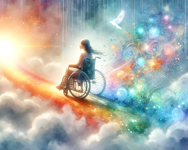 Woman in Wheelchair in Dreamlike Colorful Landscape
