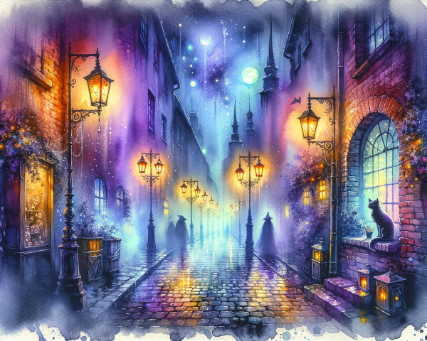 Atmospheric street scene with lanterns on a rainy evening