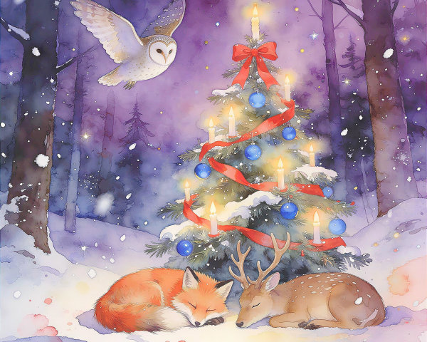 Winter Forest Night Scene with Christmas Tree and Wildlife