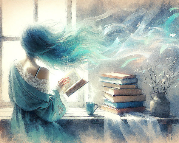 Dreamy Scene of a Figure with Turquoise Hair and Books