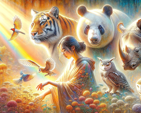 Digital painting of a woman surrounded by animals and flowers