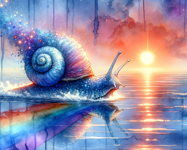 Whimsical Illustration of a Giant Snail on Ocean