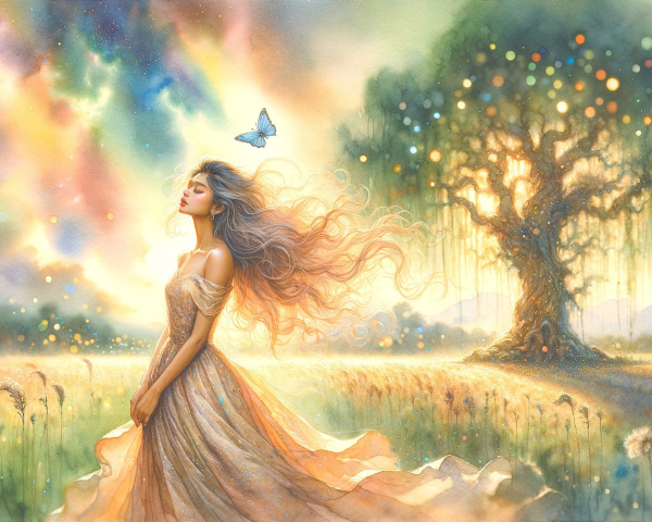 Dreamy Woman in Serene Golden Field Landscape