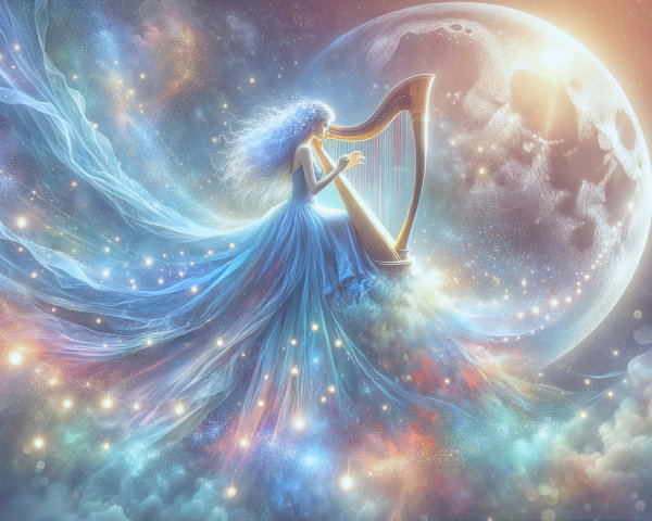 Graceful figure in blue fabric playing harp in moonlit scene