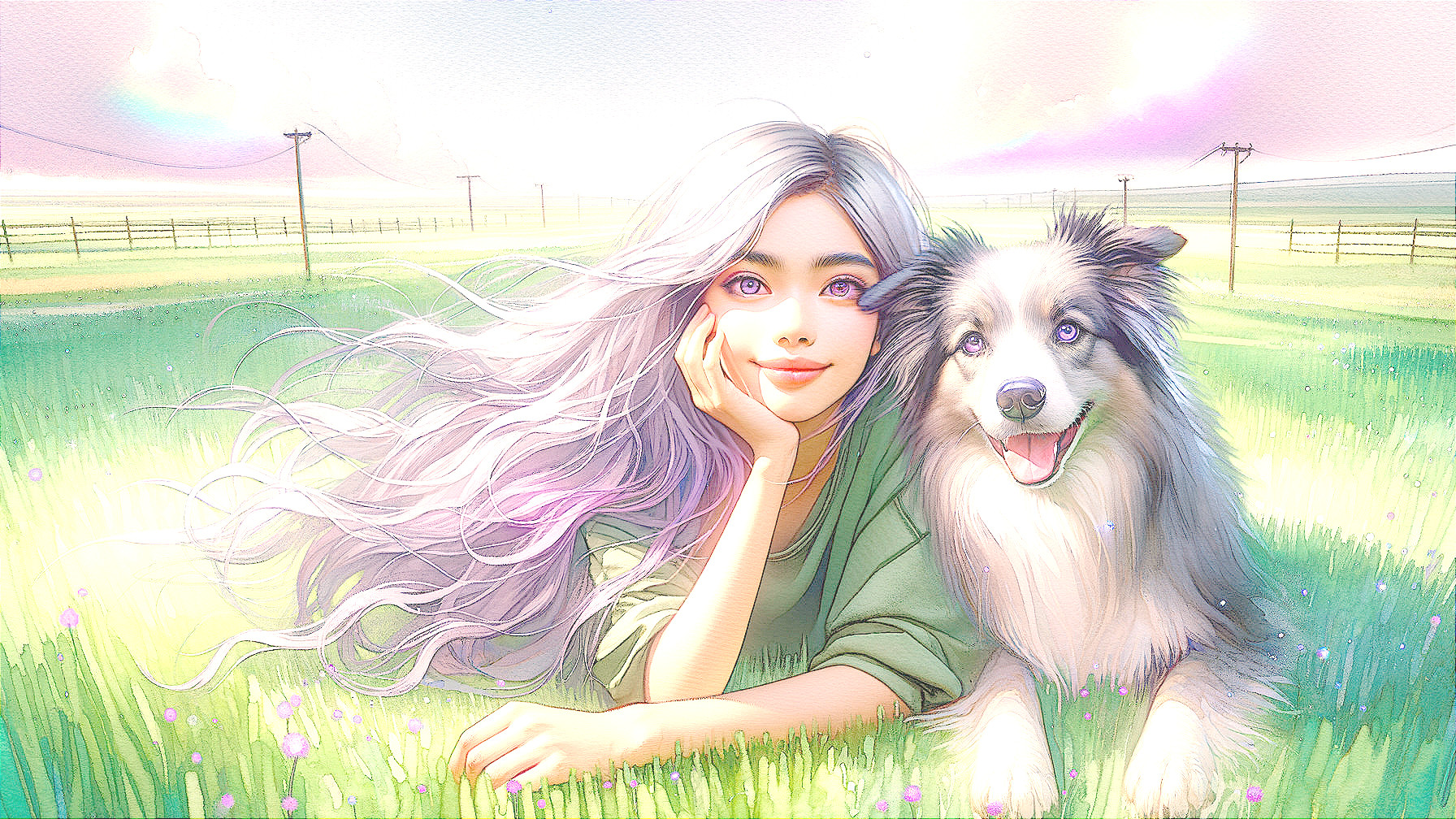 Young Woman and Dog in Serene Flower-Filled Landscape