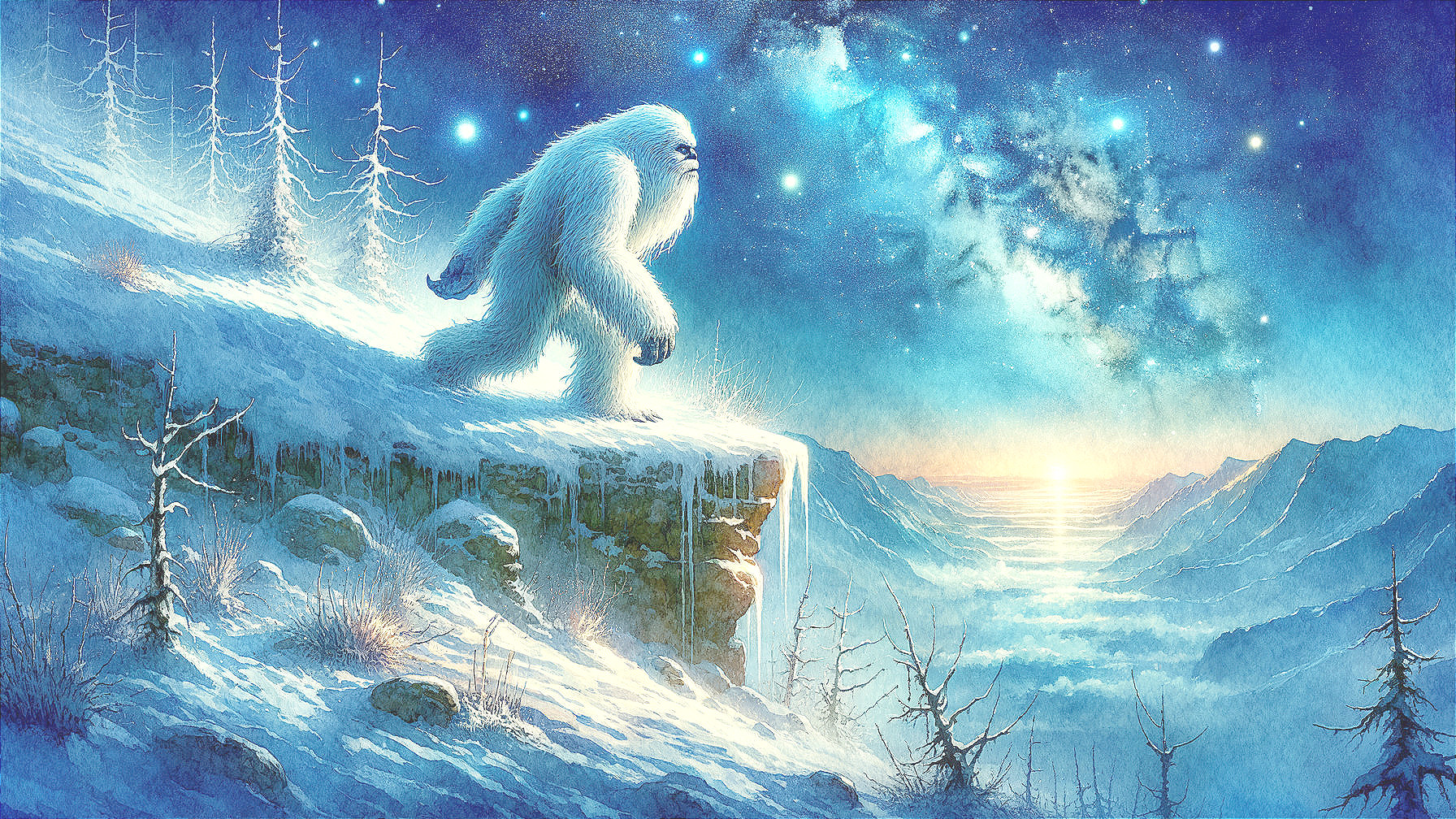Yeti in a Serene Winter Landscape at Twilight