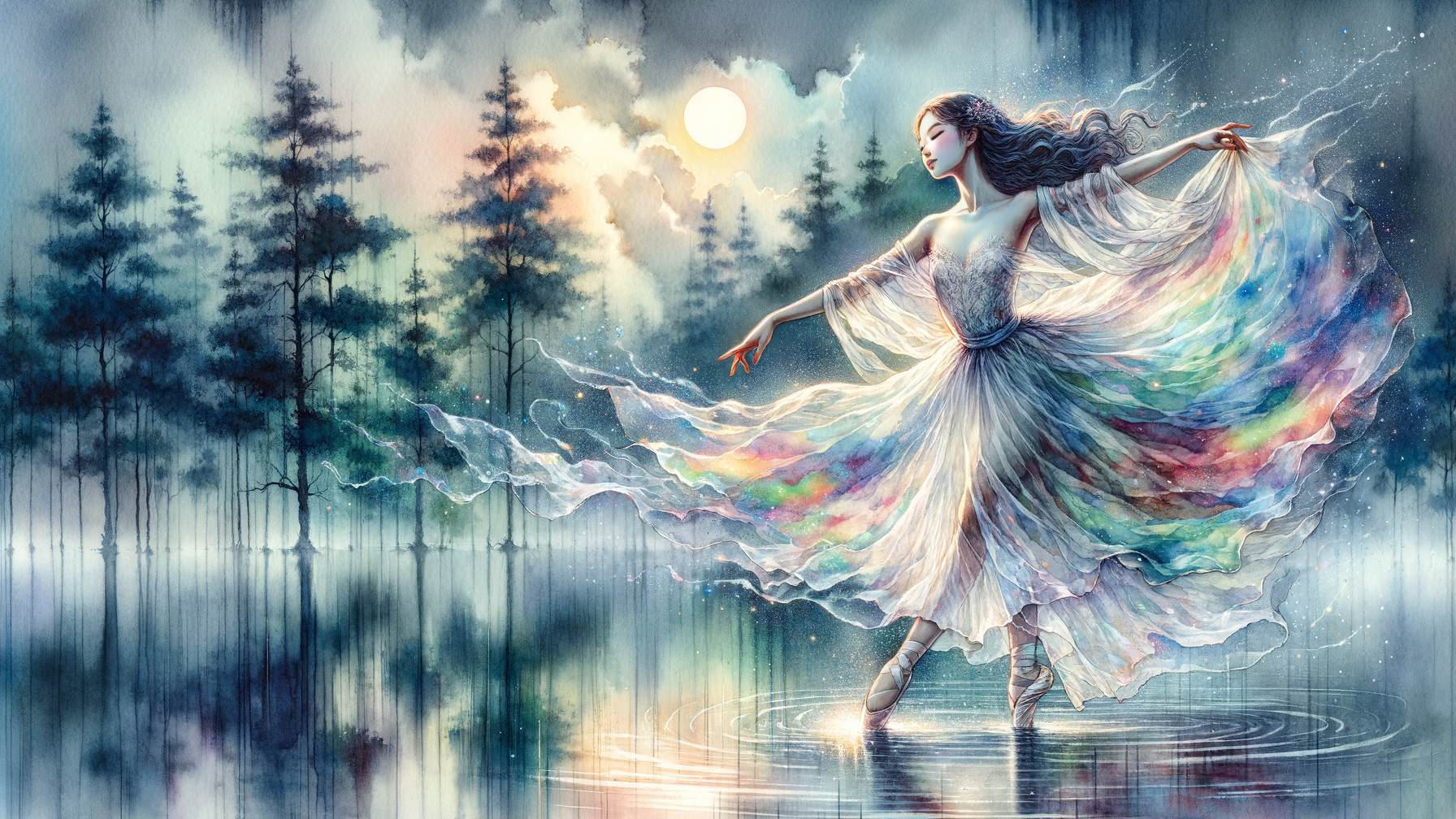 Dancer in Iridescent Gown Amidst Serene Landscape