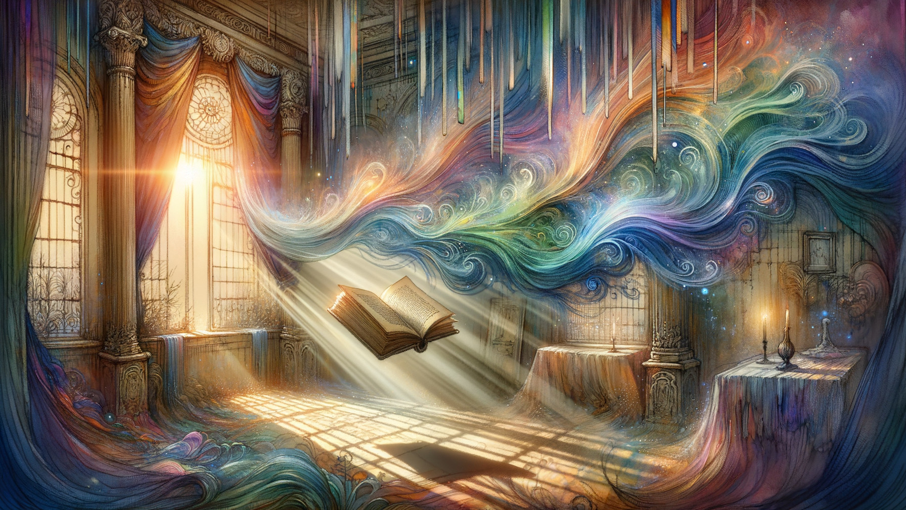 Vibrant Mystical Library with Levitating Book