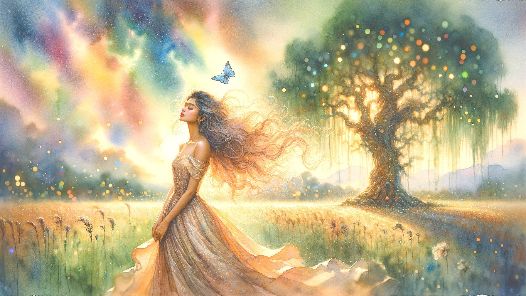 Dreamy Woman in Serene Golden Field Landscape
