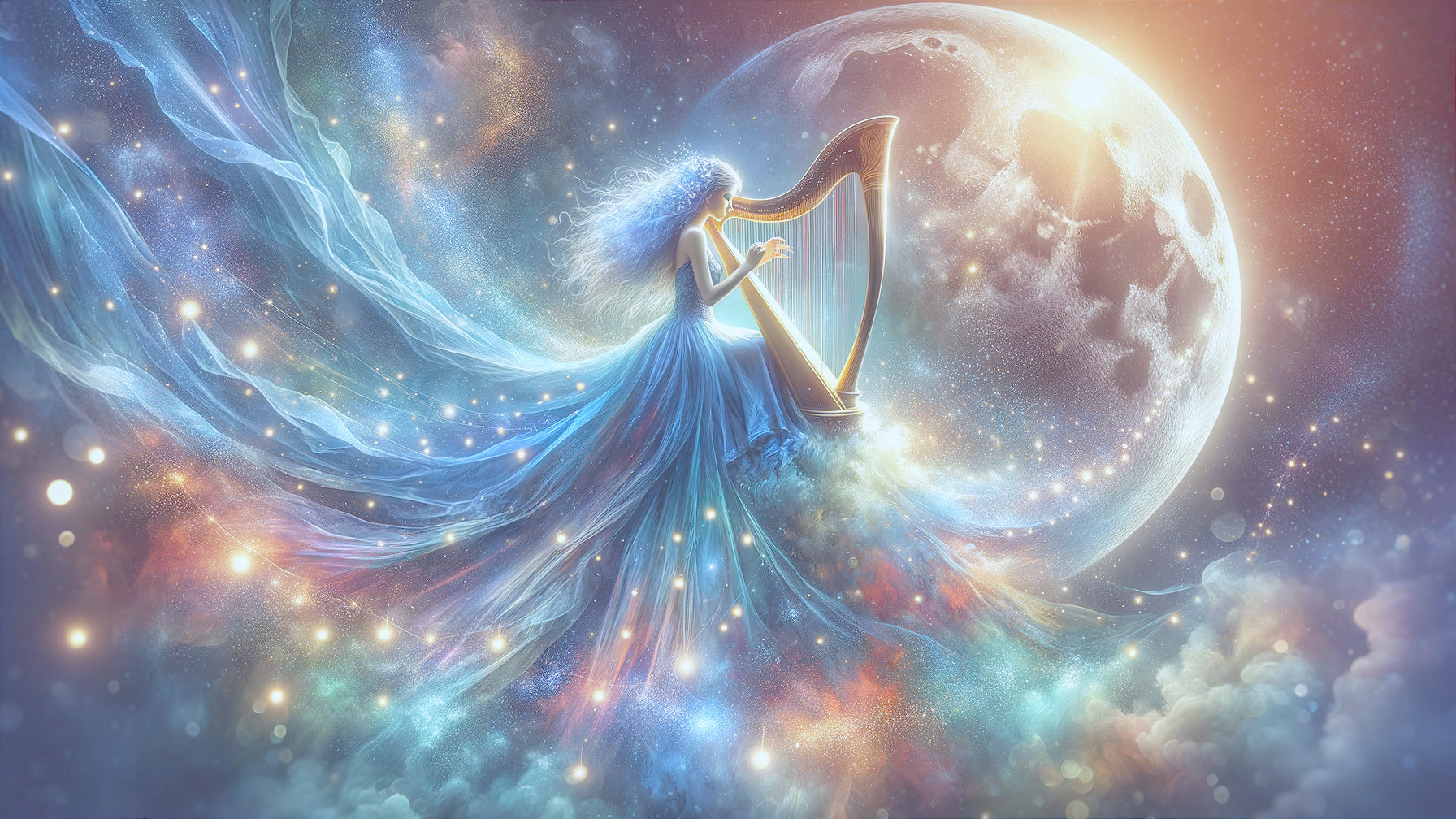 Graceful figure in blue fabric playing harp in moonlit scene