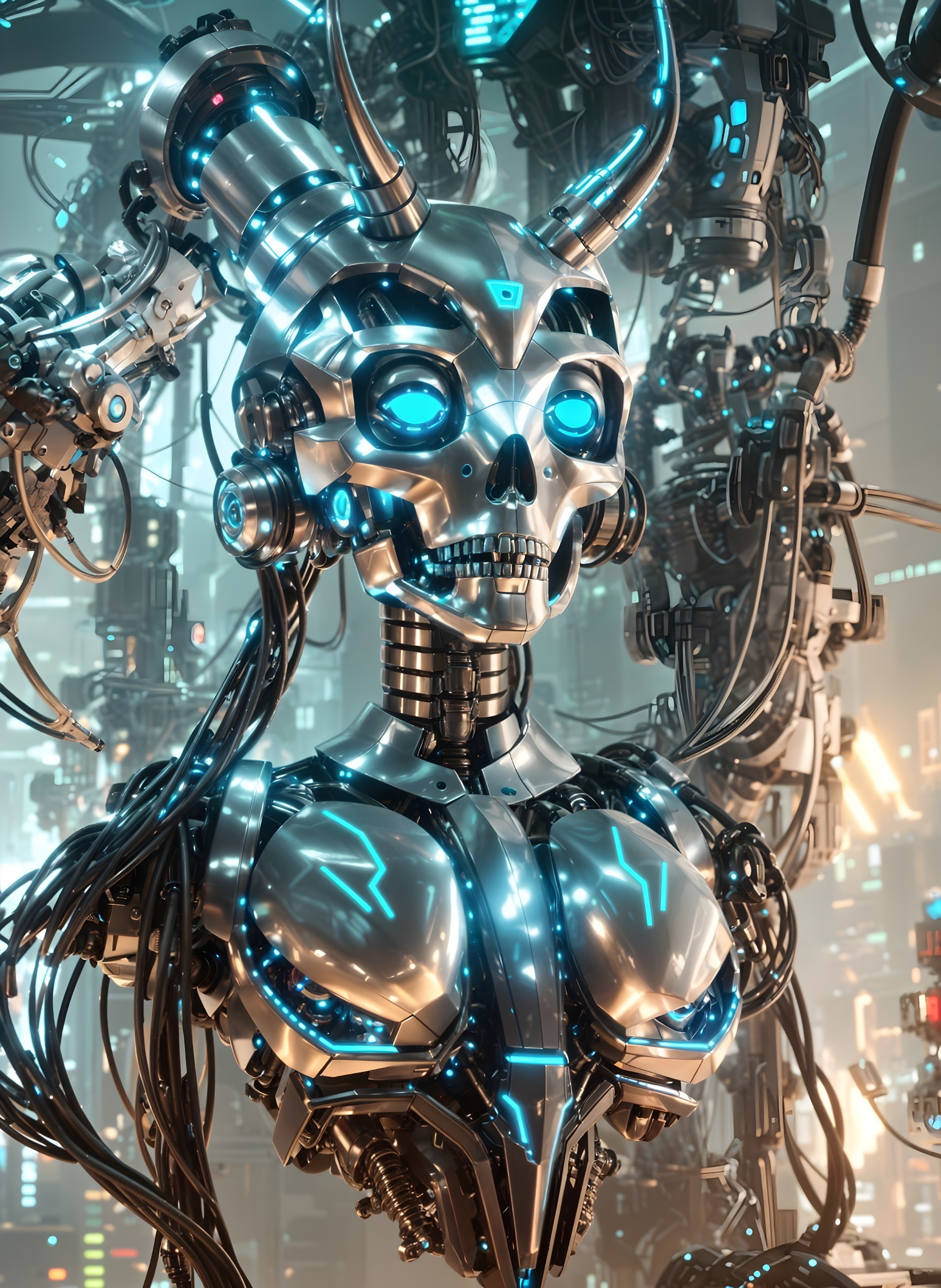 Futuristic Robotic Figure with Skull Face and Blue Eyes