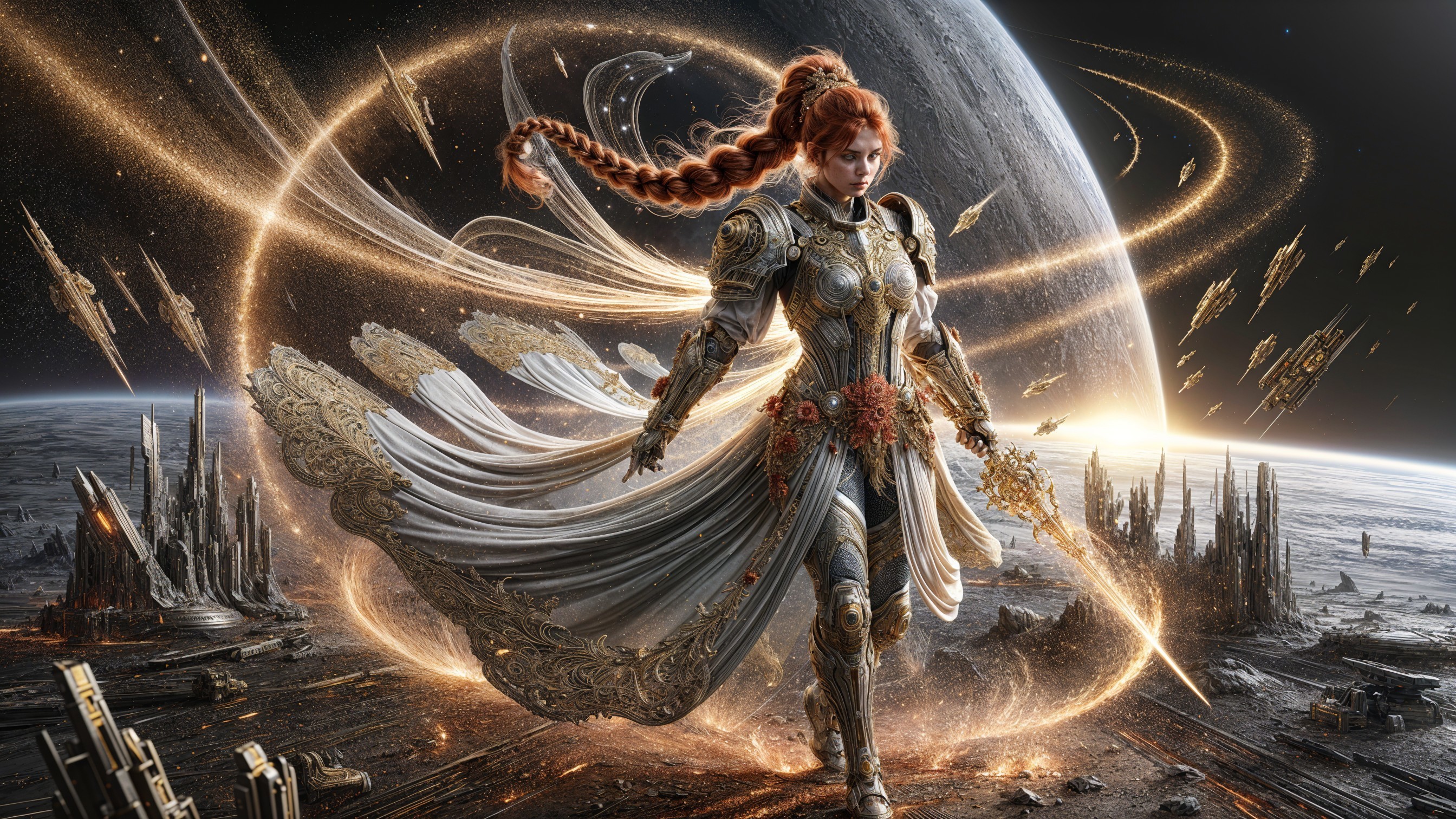 Futuristic warrior in ornate armor in celestial landscape