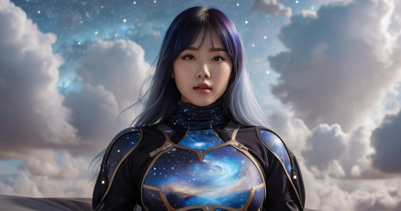 Young woman in futuristic suit against cosmic backdrop
