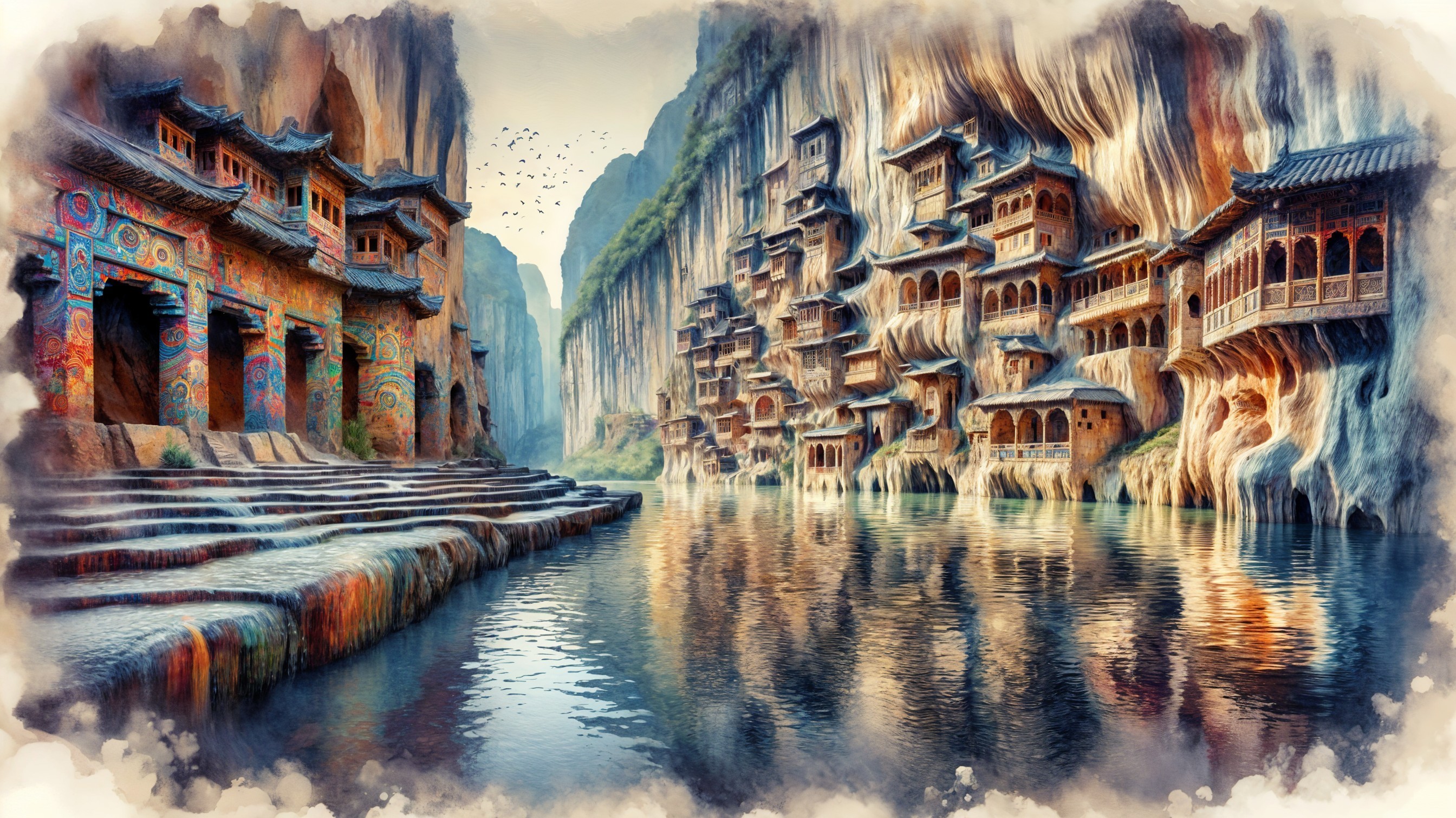 Ancient Cliffside Dwellings Overlooking a Calm River