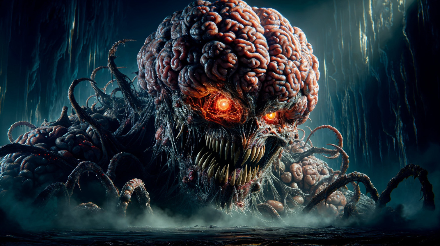 Monstrous entity in dark landscape with grotesque features