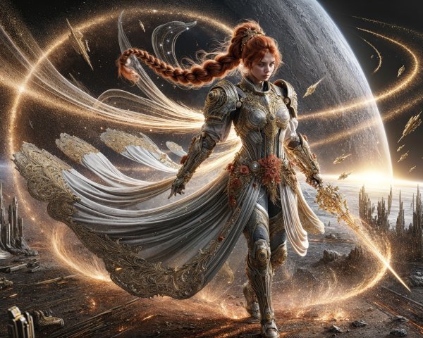 Futuristic warrior in ornate armor in celestial landscape