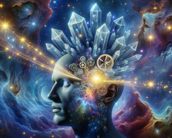 Surreal Human Head with Crystals and Cosmic Background