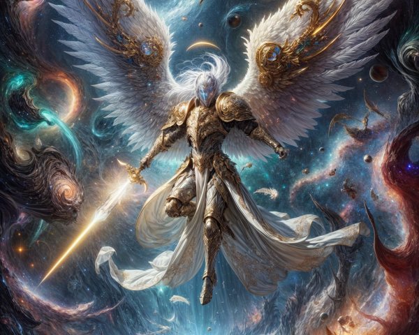 Celestial Warrior in Cosmic Landscape with Wings