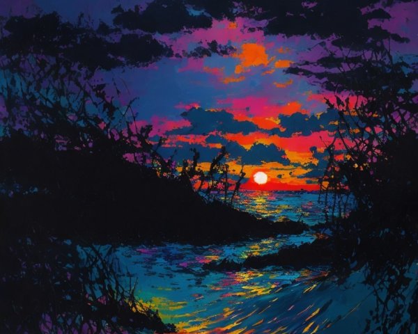 Vibrant Sunset Over Ocean with Silhouetted Branches