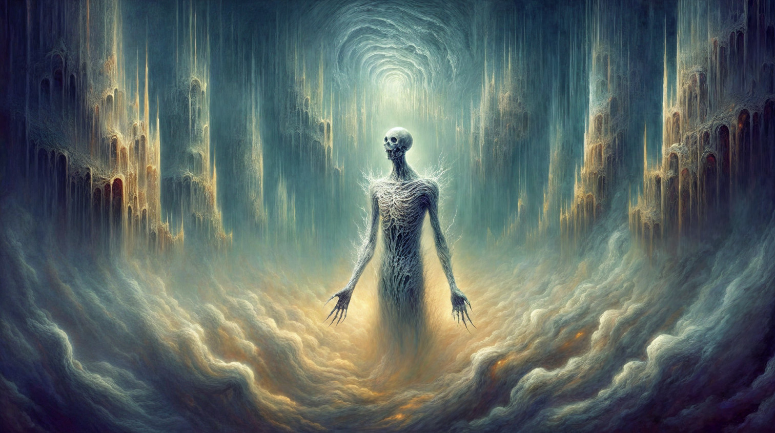 Skeletal Figure in Ethereal Landscape with Ruins