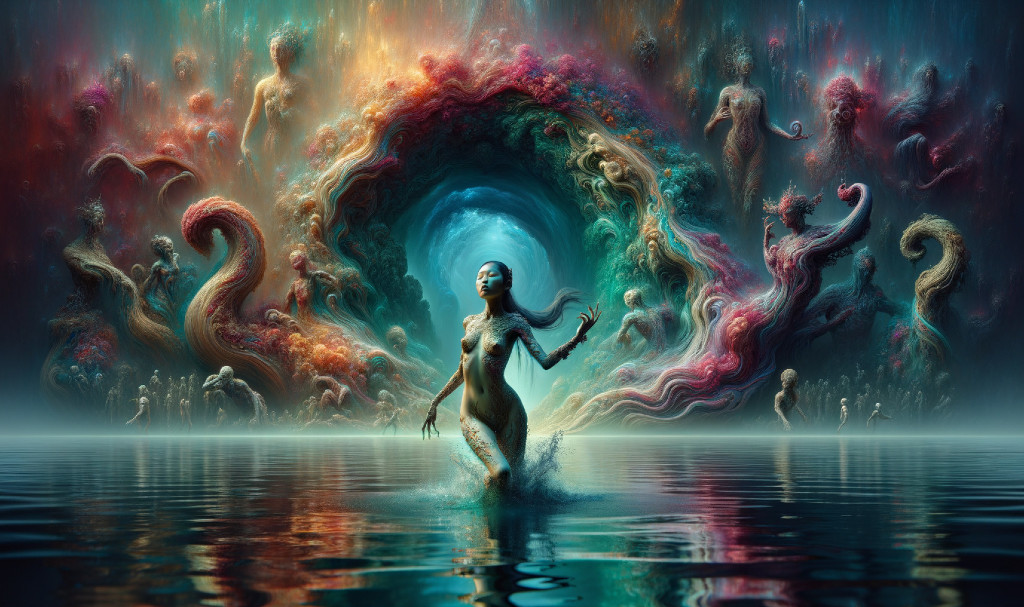 Surreal humanoid figure in water with vibrant nebula and tentacled creatures