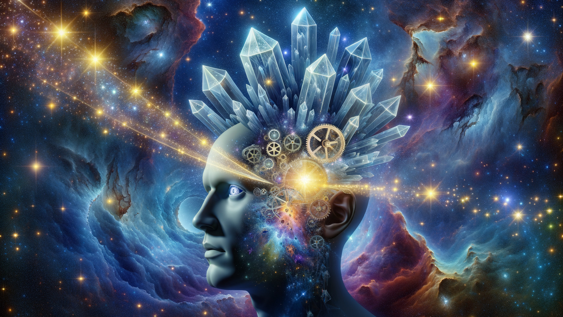Surreal Human Head with Crystals and Cosmic Background