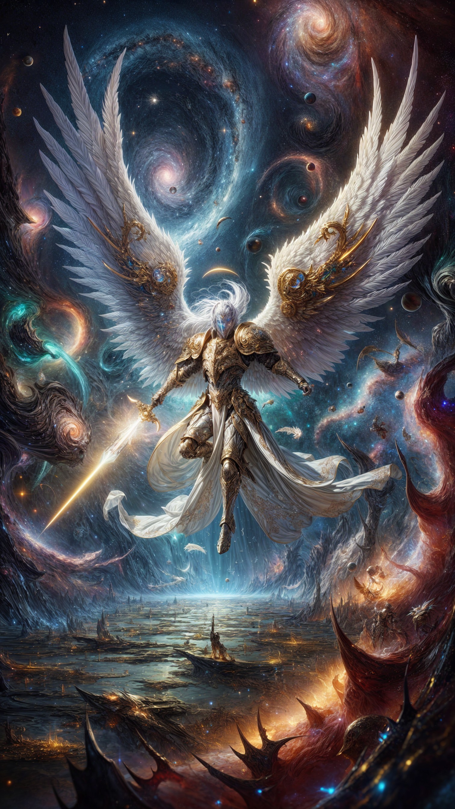 Celestial Warrior in Cosmic Landscape with Wings
