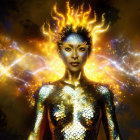 Regal figure in golden armor with mystical background