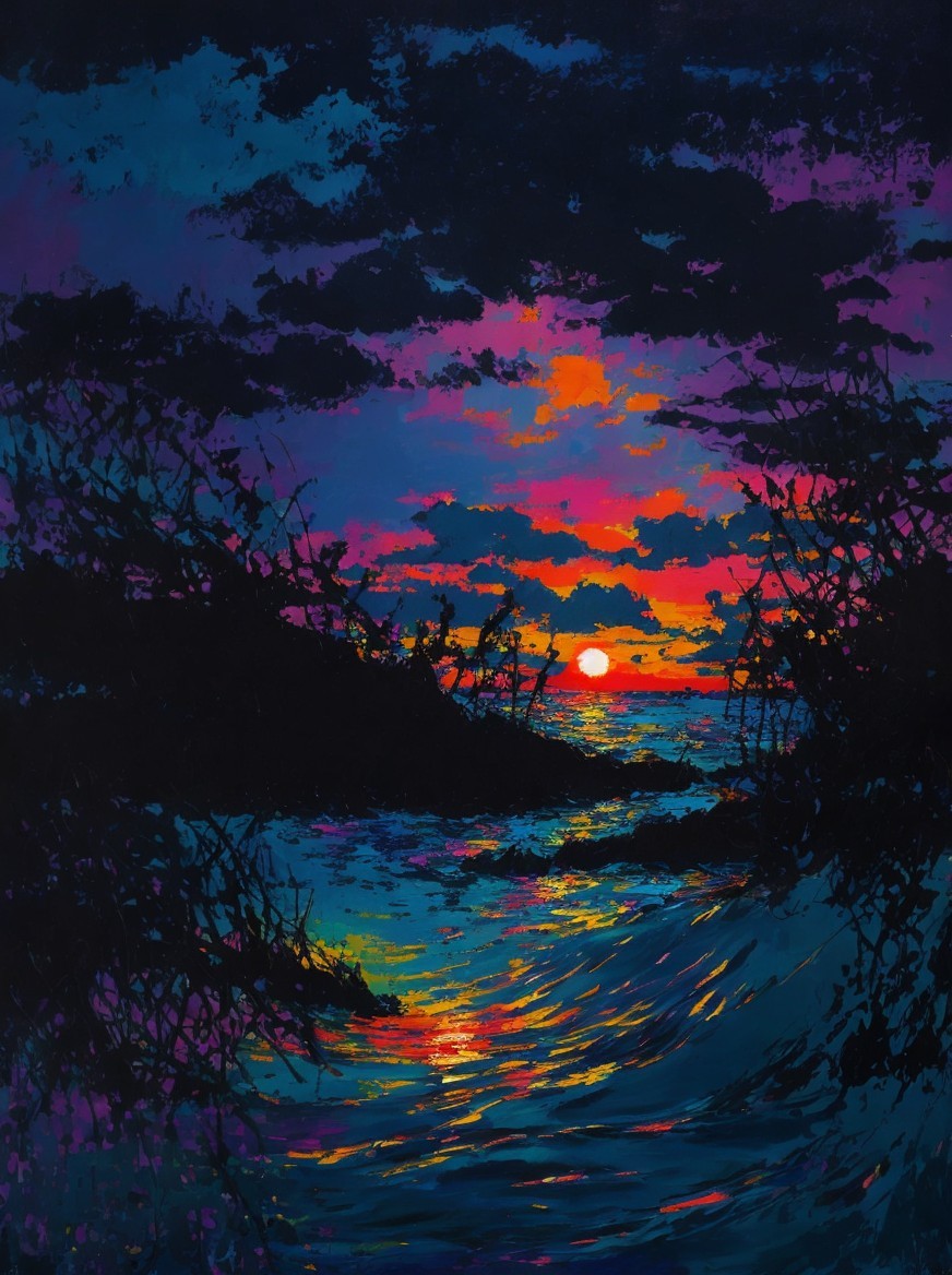 Vibrant Sunset Over Ocean with Silhouetted Branches