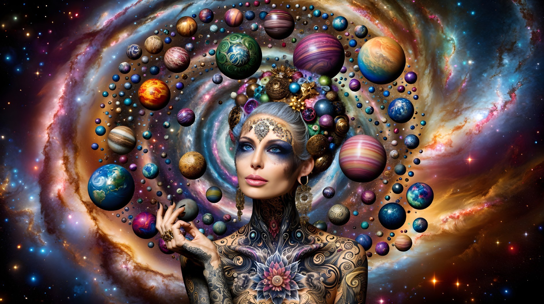 Woman with Tattoos in Cosmic Galaxy Setting