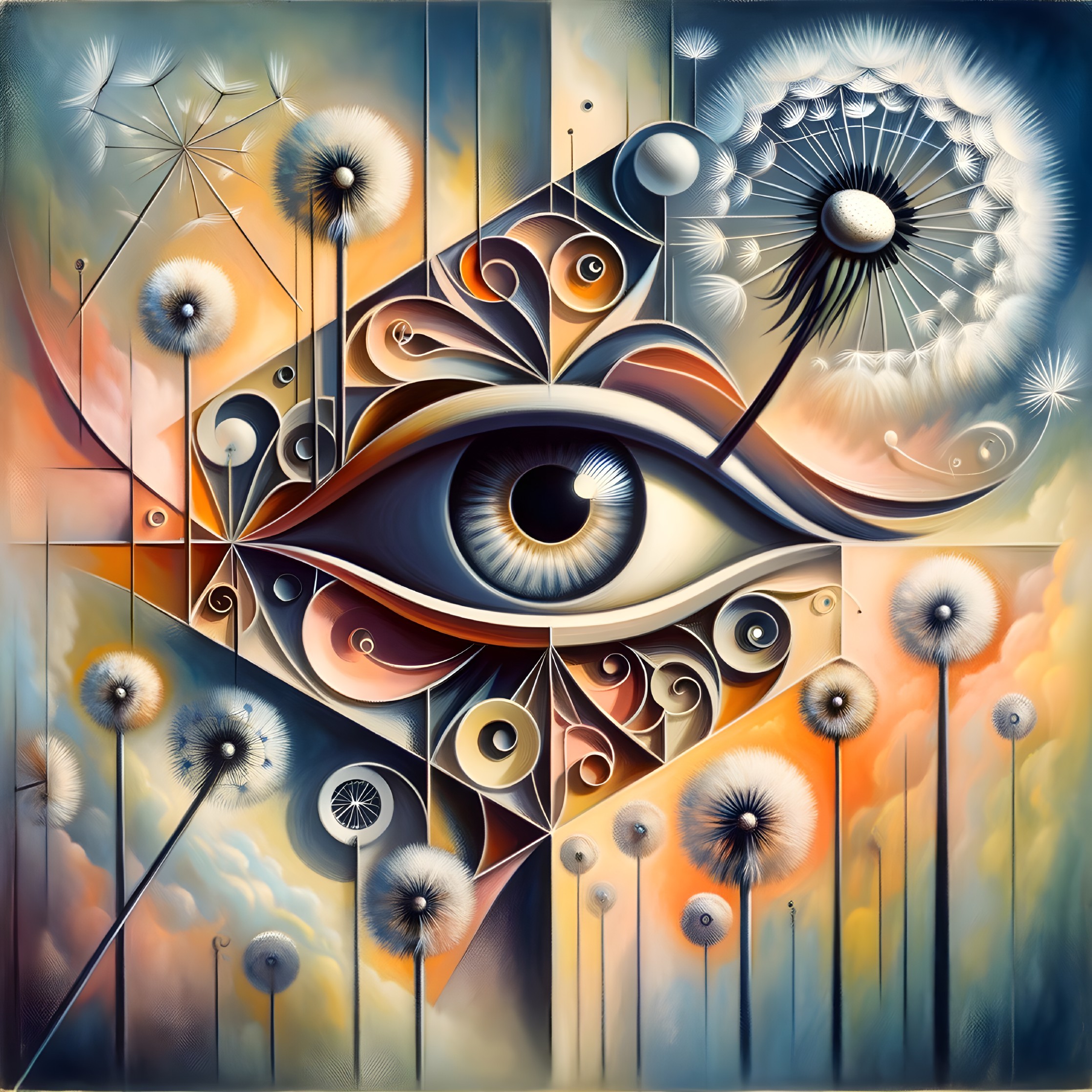 Surreal Composition with Eye and Dandelion Seeds