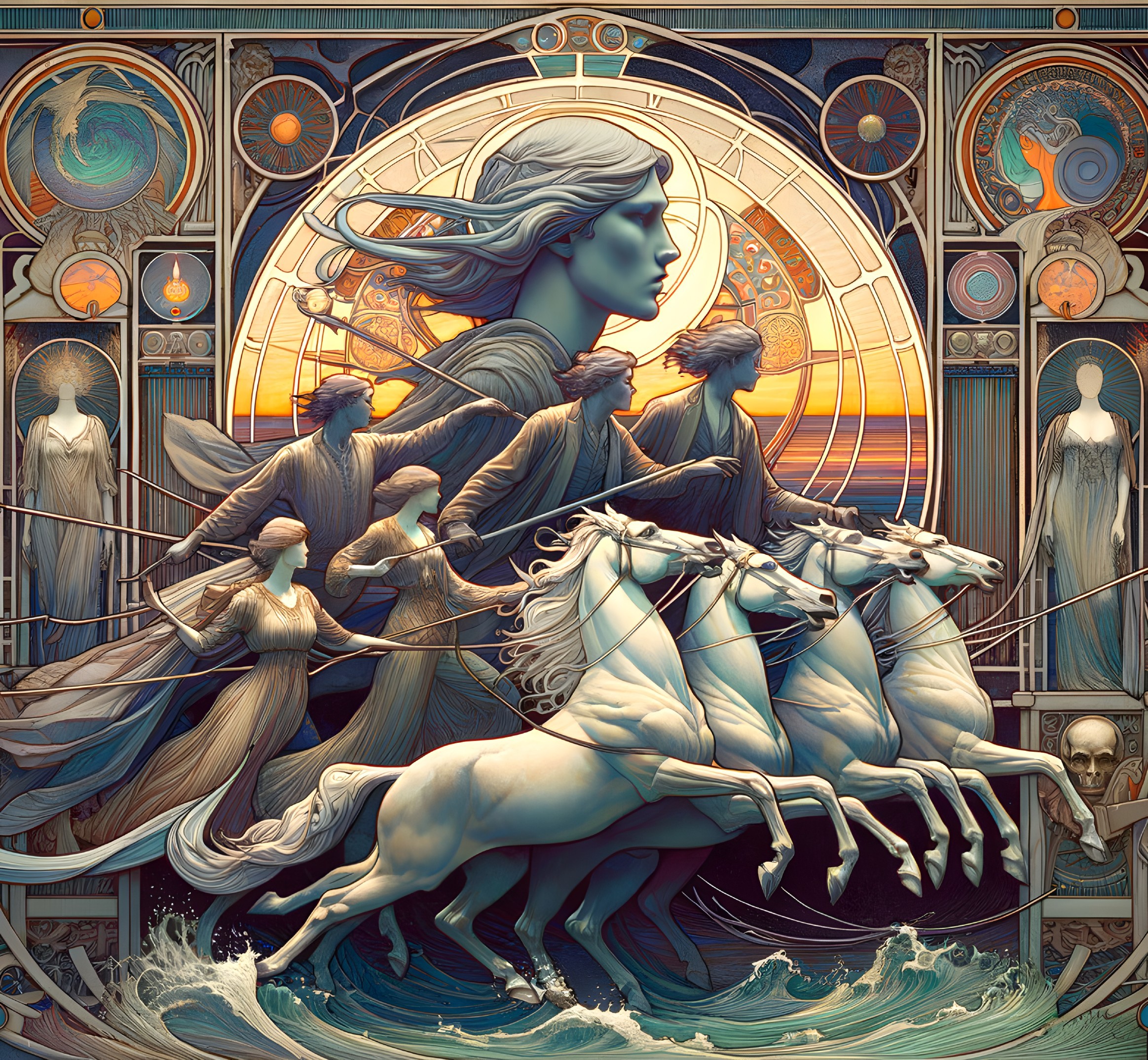 Dynamic scene of a powerful figure with ethereal horses