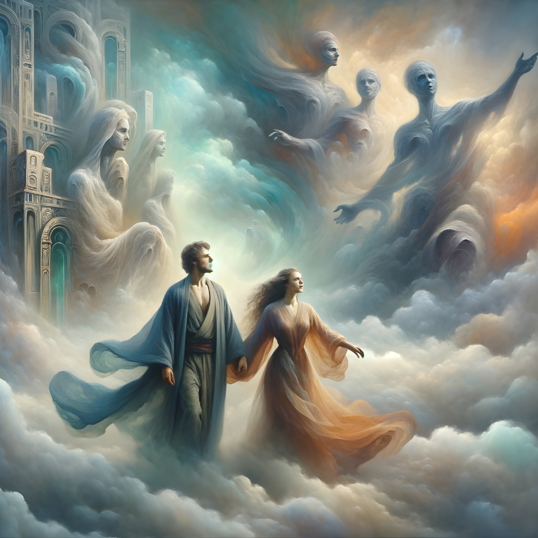 Couple in Dreamlike Landscape with Ethereal Figures