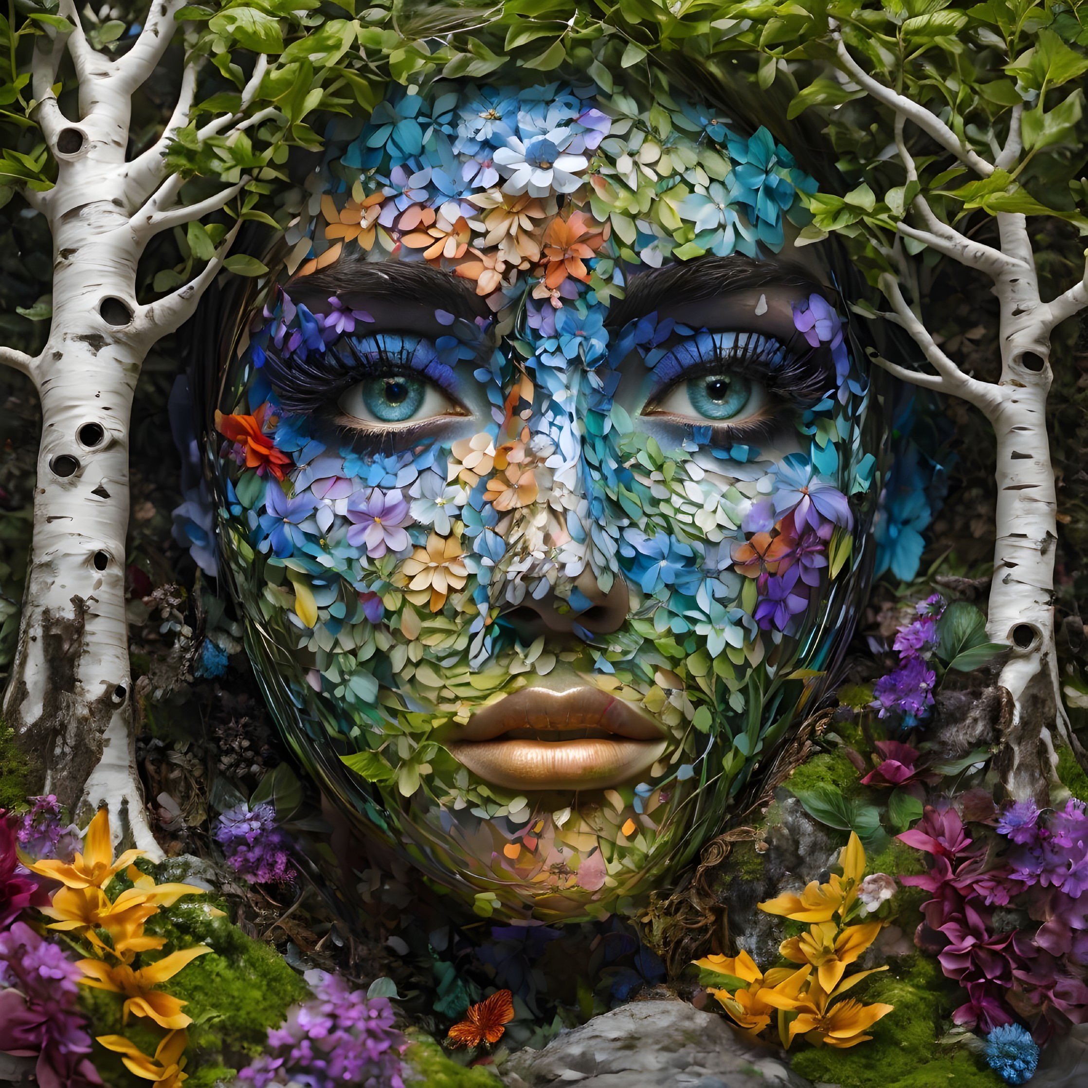 Artistic Face Adorned with Flowers and Greenery