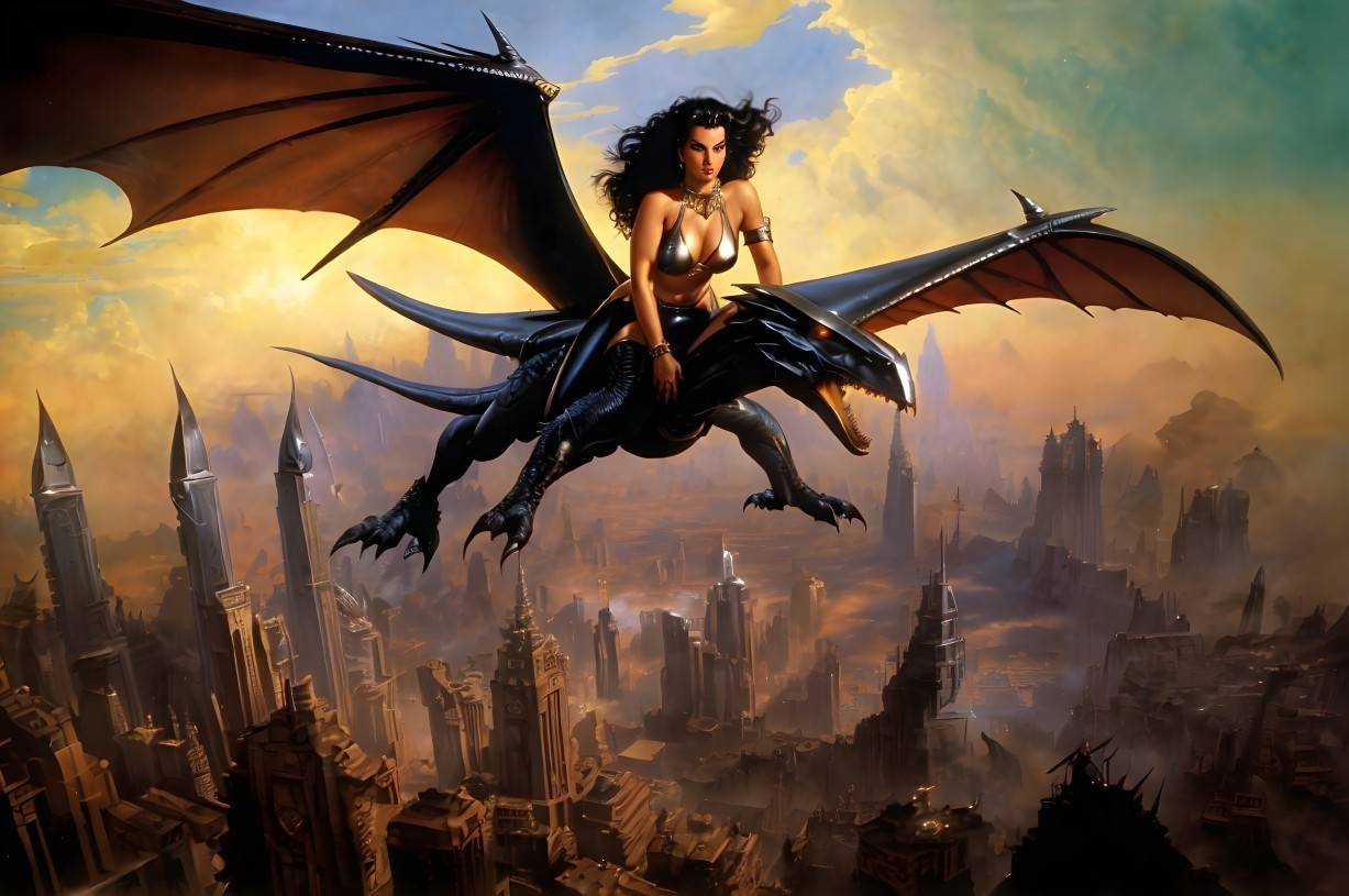 Fantastical city scene: warrior woman on black dragon at dusk