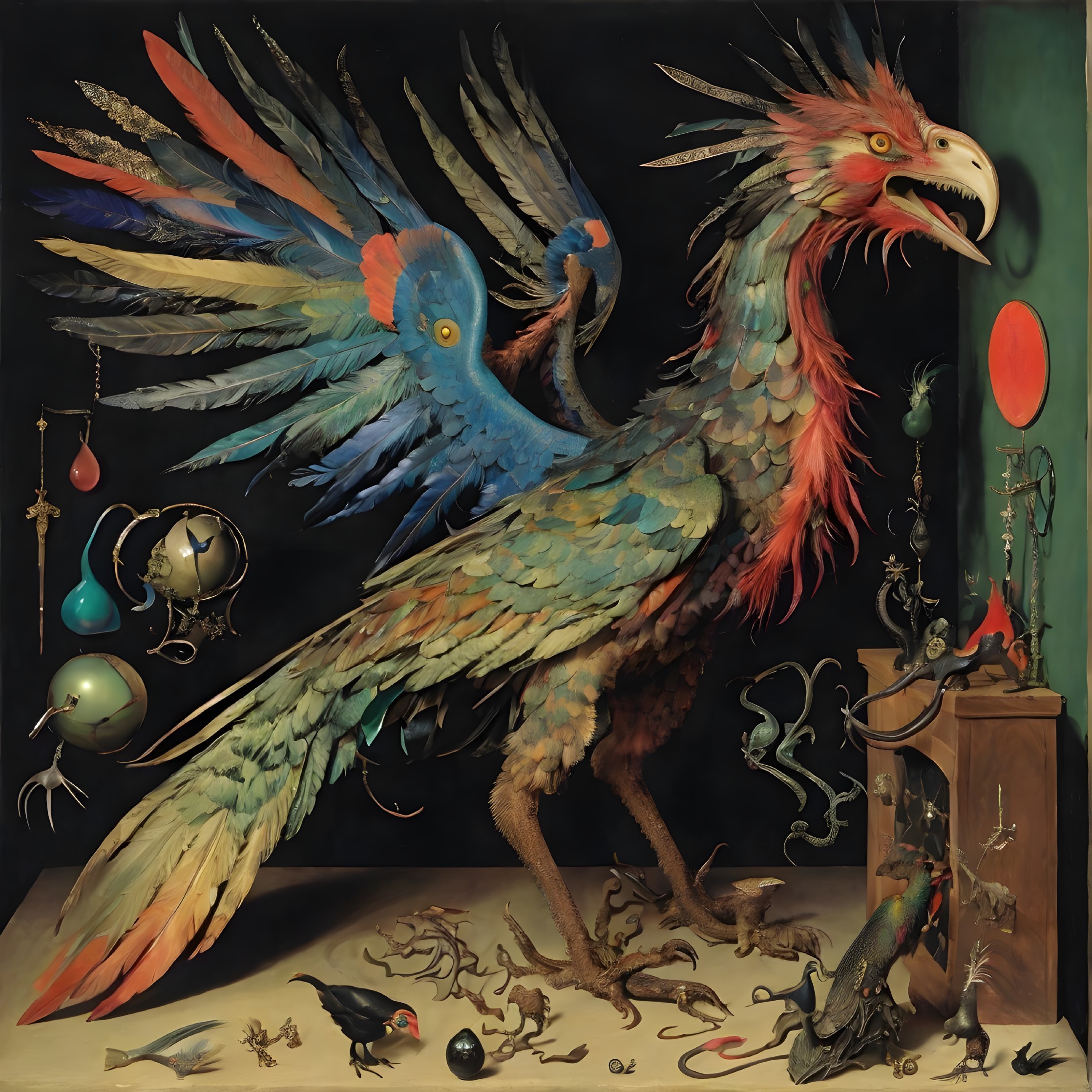 Vibrant Mythical Creature with Colorful Wings and Objects