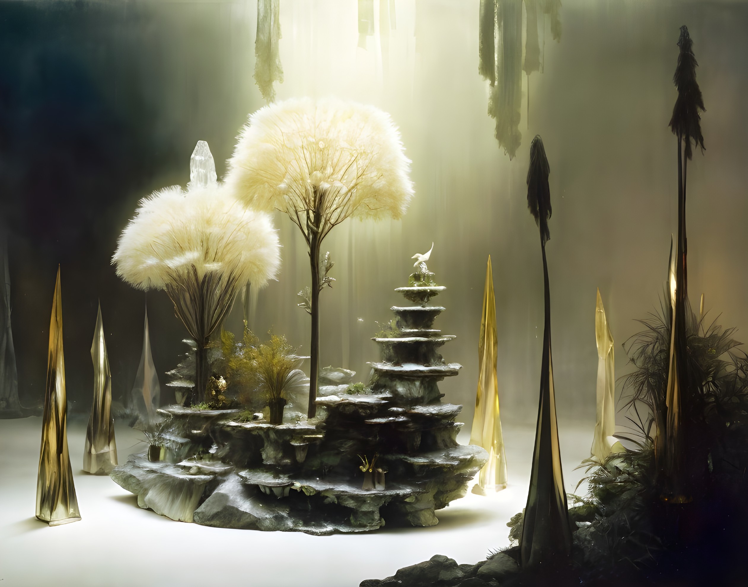 Surreal Landscape with White Trees and Golden Spires