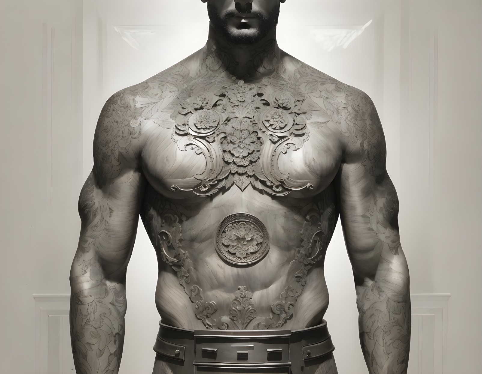 Metallic humanoid torso with intricate relief designs on white background