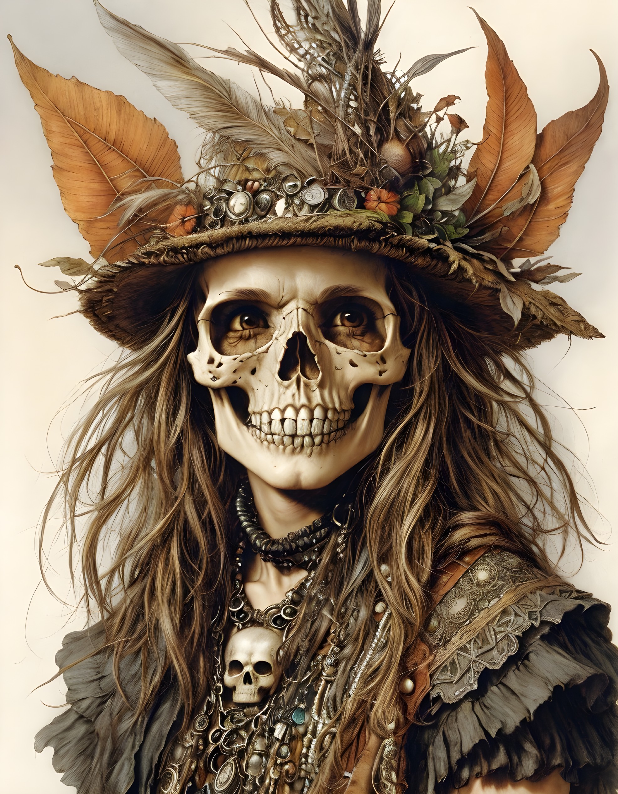 Detailed Skull with Elegant Hat and Flowing Hair