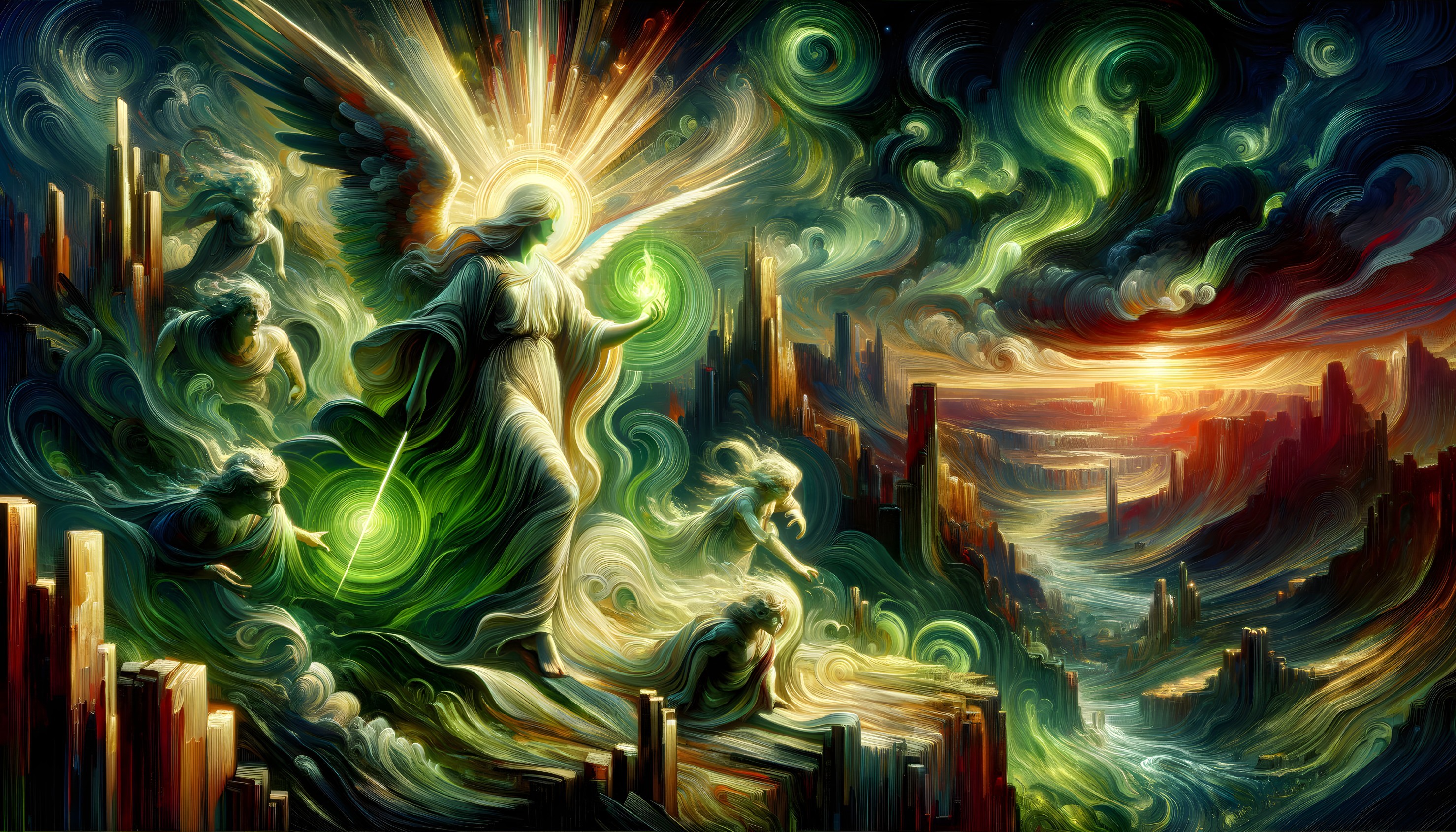 Divine Figure Surrounded by Ethereal Beings and Clouds