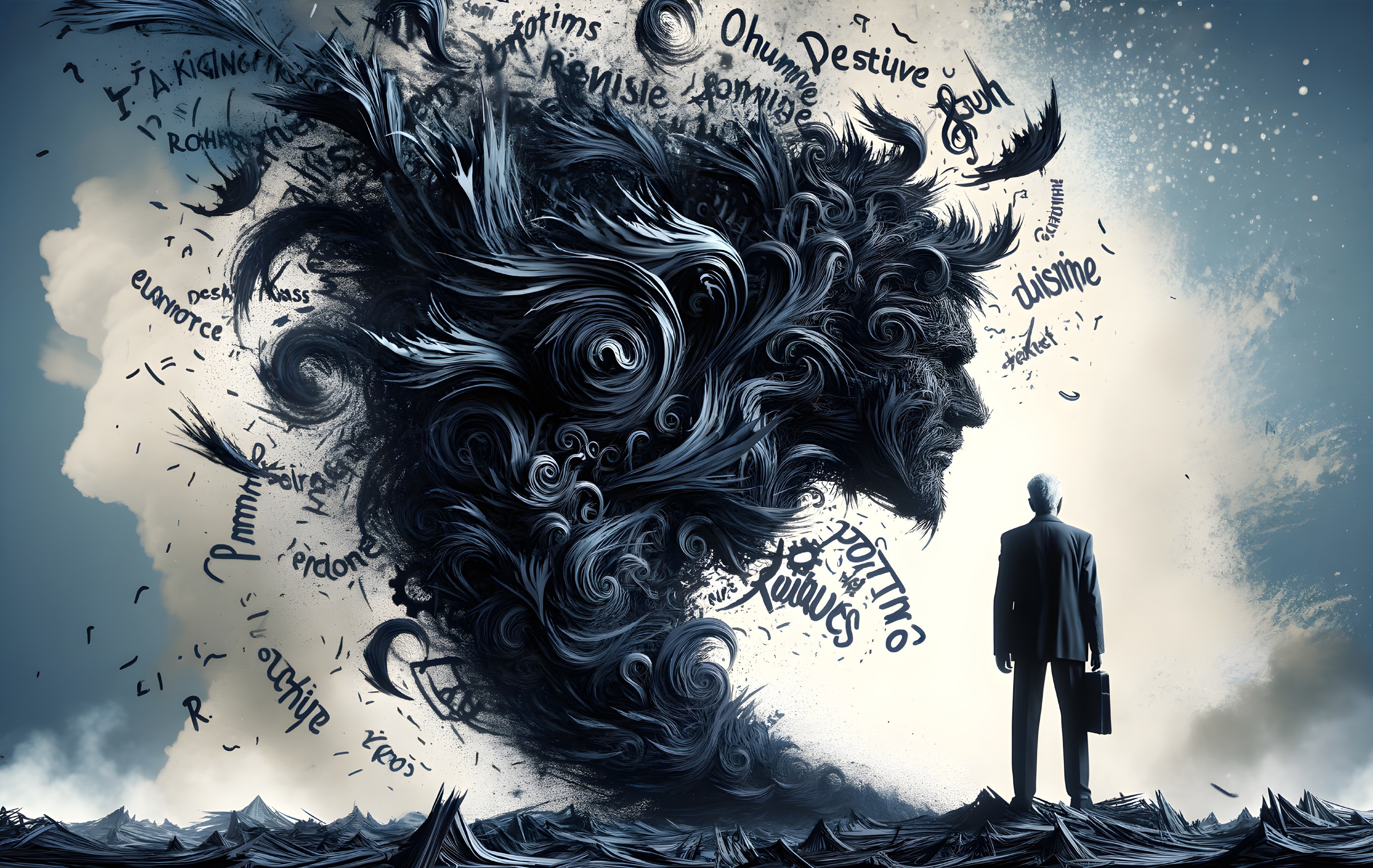 Man in Suit Facing Abstract Lion Figure in Chaos